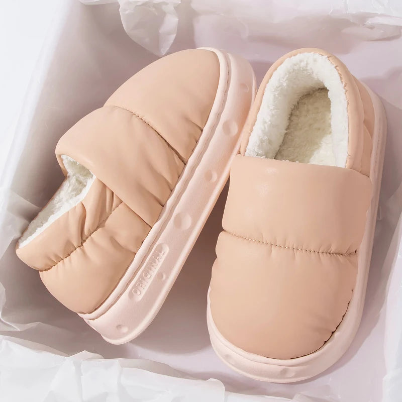 Queeyhome Men Winter Cotton Slippers Waterproof Anti Slip Thick Bottom Shoes Couple Home Plush Cotton Slippers Women Snow boots
