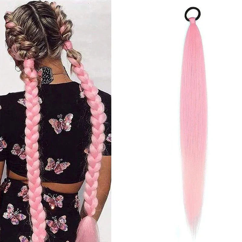 Y2K Kpop Ponytail Extension with Rubber Band Long Straight DIY Synthetic Braided Pony Tail Hairpiece Women Headwears Accessories