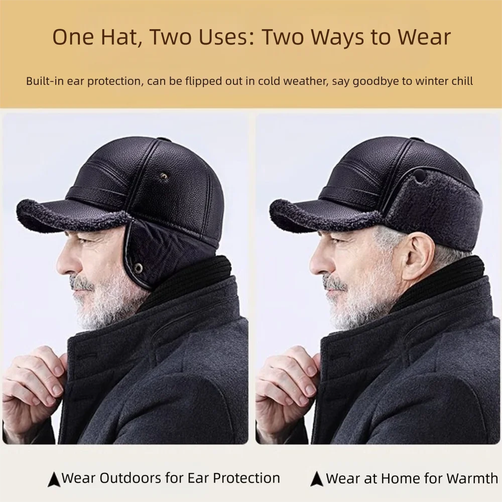High Quality PU Leather Baseball Cap Cold Proof with Earflaps Thermal Hat Windproof Ear Protection Hat Winter
