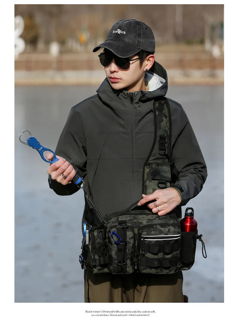 Fishing Tackle Backpack Lure Box Gear Storage Bag Fanny Pack for Men Fly Fishing Backpack with Rod Holder Sling Shoulder Bag