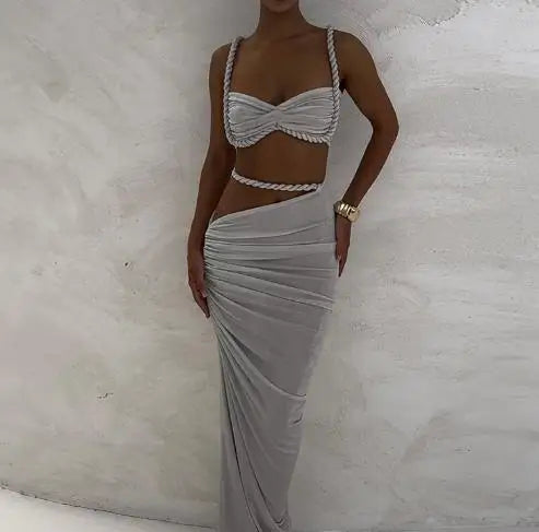 Skirt Set for Women's Fashion Spring Summer Latest Clothin Sexy Solid Color Backless Small Tank Top Hip Hugging Skirt Set