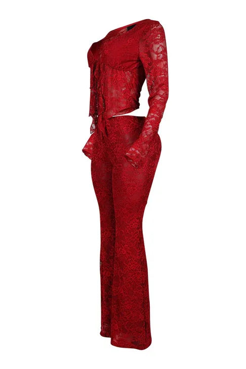 Pant Sets Women Two Pieces Cardigan Lace Sexy Tops Tracksuit Full Wide Leg Pants Loose Fit Casual Spliced High Waist Solid