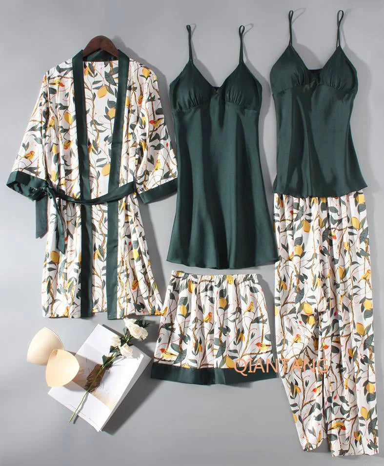 Conjunto de pijama de mujer, ropa de dormir casual, traje de bata de satén, ropa de noche para estar en casa, cuello en V, pijama suave, albornoz kimono, camisón lencería
