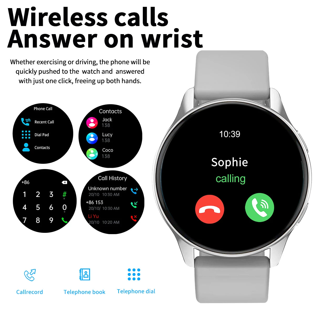 Reloj inteligente, llamadas/marcación inalámbricas, modo multideporte, alertas, para hombres y mujeres, fondo de pantalla personalizable, iPhone/Android