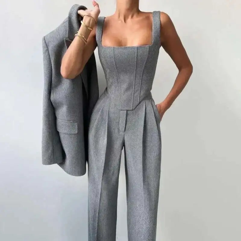 [Vibe] Women's Blazer Three Piece Solid Slim Vest Loose Blazer High Waist Pants Suit Streetwear Casual Female Pants Suit