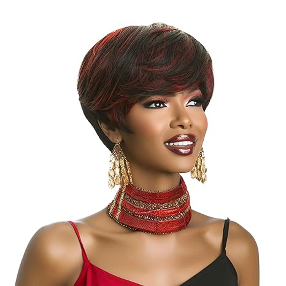 Short Wigs for Black Women Natural Straight Short Red Pixie Cut Wigs for Black Women Synthetic Short Pixie Wigs Ombre Black Mixe