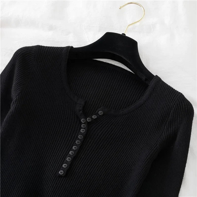 Korea Autumn Winter Button V Neck Sweater Women Basic Slim Pullover Women Sweaters And Pullovers Knit Jumper Soft Warm Tops