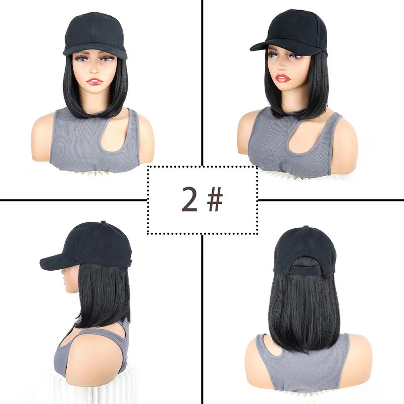 12Inch Synthetic Baseball Cap Hair Extensions Short Straight Bob Adjustable Hat Wig Easy Wear for Daily Party Women