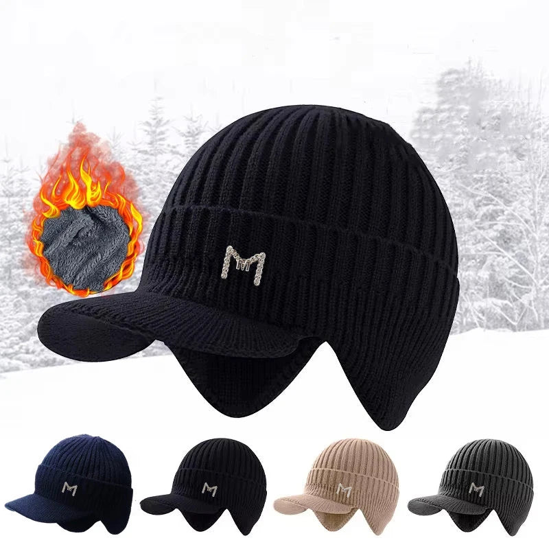 Gorro de invierno de punto cálido con ala y orejeras, gorro tipo boina cálido forrado de vellón para exteriores para hombres y mujeres, adecuado para viajes diarios