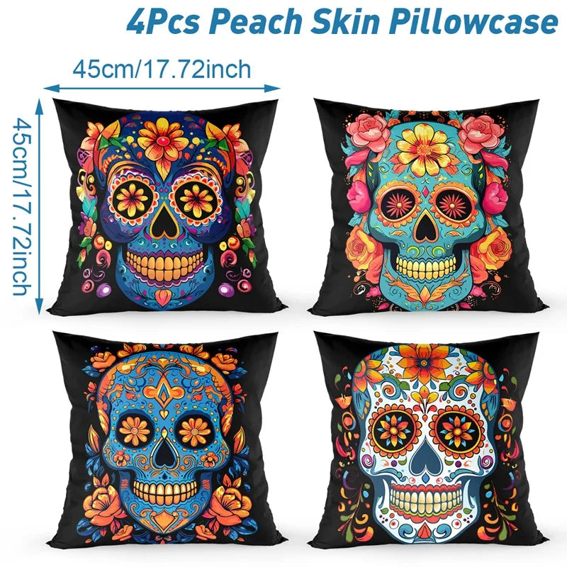 4pcs Mexican Day of The Dead Floral Throw Pillow Covers Holiday Party Decor Dia De Los Muertos Cushion Covers Home Decoration