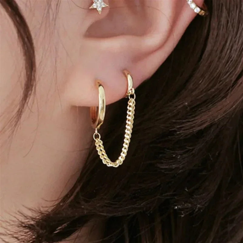 1PCS Stainless Steel Double Ear Hole Link Chain Hoop Earring for Women Ear Jewelry Accessories Gift Wholesale 귀걸이 Aretes