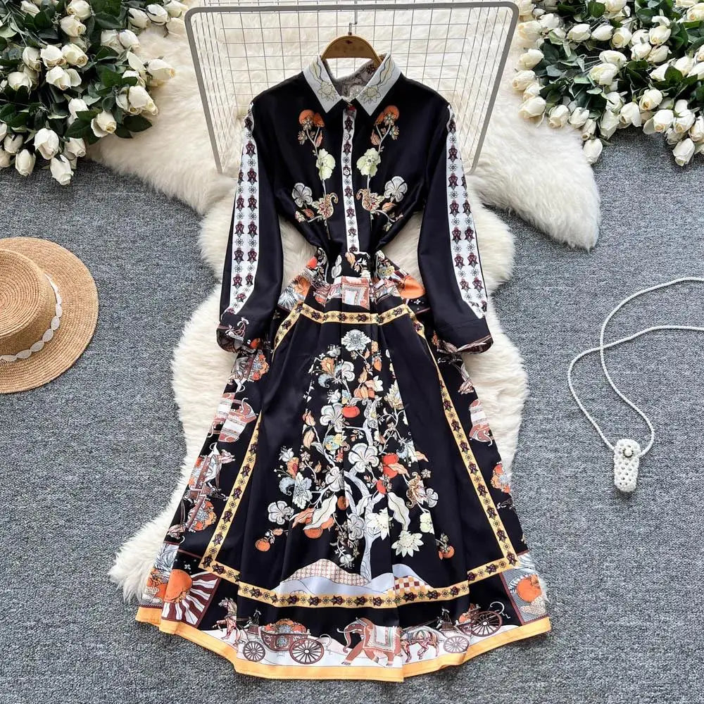 Fashion High-End Feeling Gown Dress Elegant European Court Style Long Printed Slimming New Women's Design Sensation Retro Summer