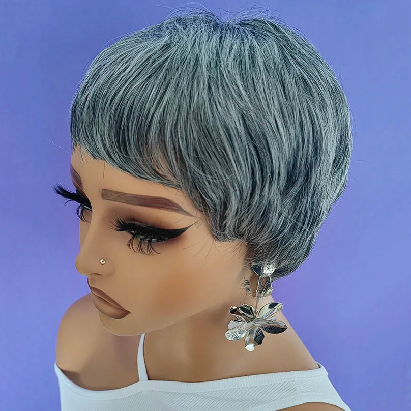 New for Summer Short gray Synthetic wig for women classic gray hairstyle pixie hair wig to mother US