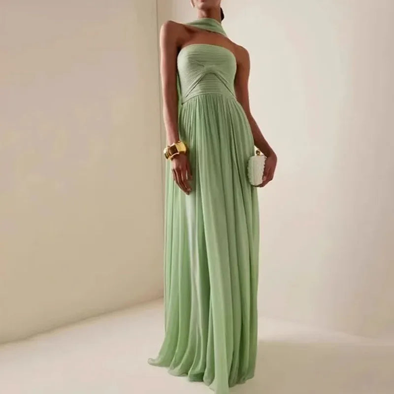 Women Sexy Fashion Backless Pleated Dresses Elegant Simple Casual Green Waist Chiffon Chic Evening Gown New Women Clothing