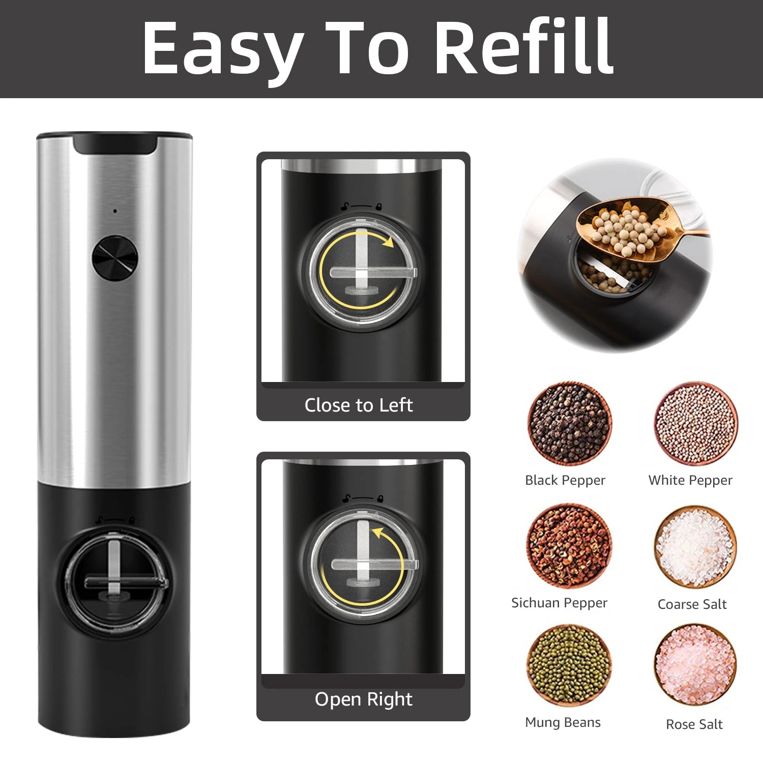 Base de Juego de Molinillos Eléctricos de Sal y Pimienta, Recargable por USB, de Acero Inoxidable, Automático, Ajustable para Sal y Especias