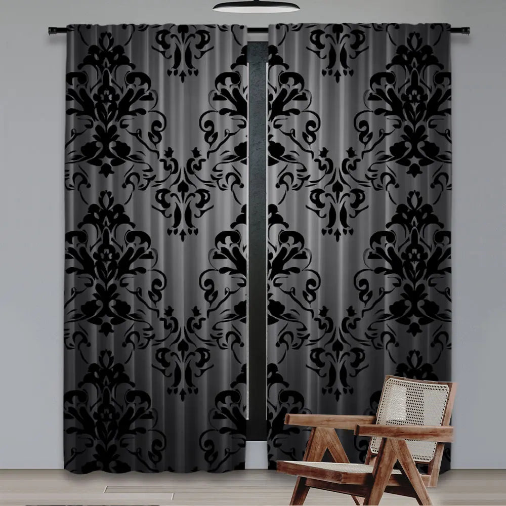 2Pcs Black Curtains Antique Victorian Style Gothic Vintage Black Floral Window Drapes Bohemian Exotic Window Curtain For Bedroom
