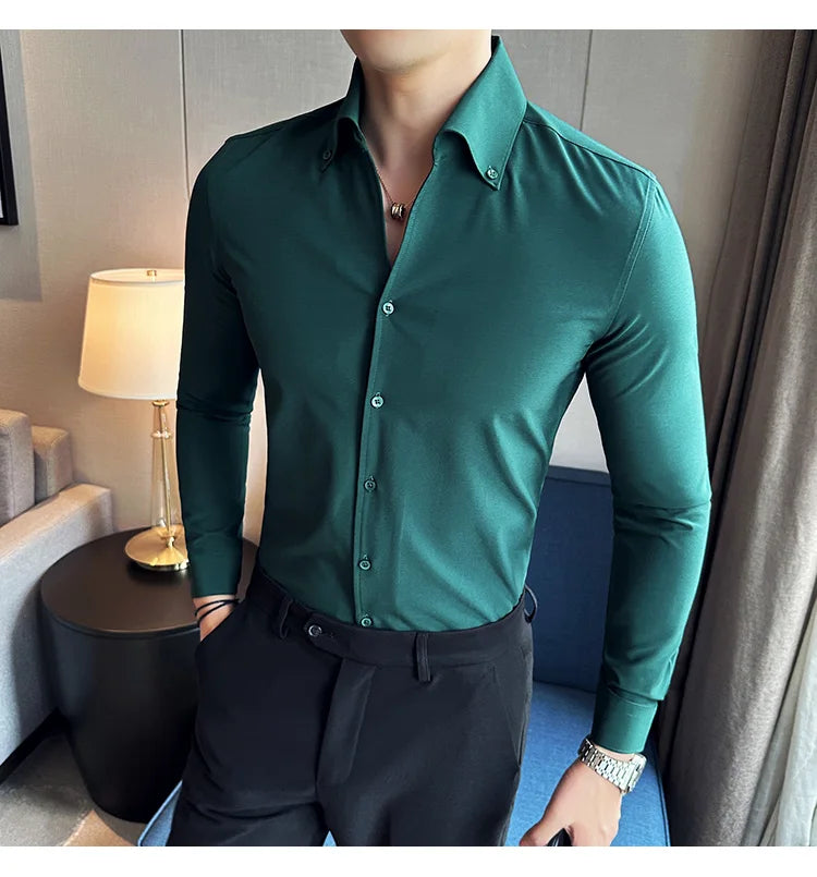 Men Dress Shirt Autumn British Style Solid Casual Slim Fit Formal Camisas V-neck Long Sleeves Shirt Streetwear Men Clothing