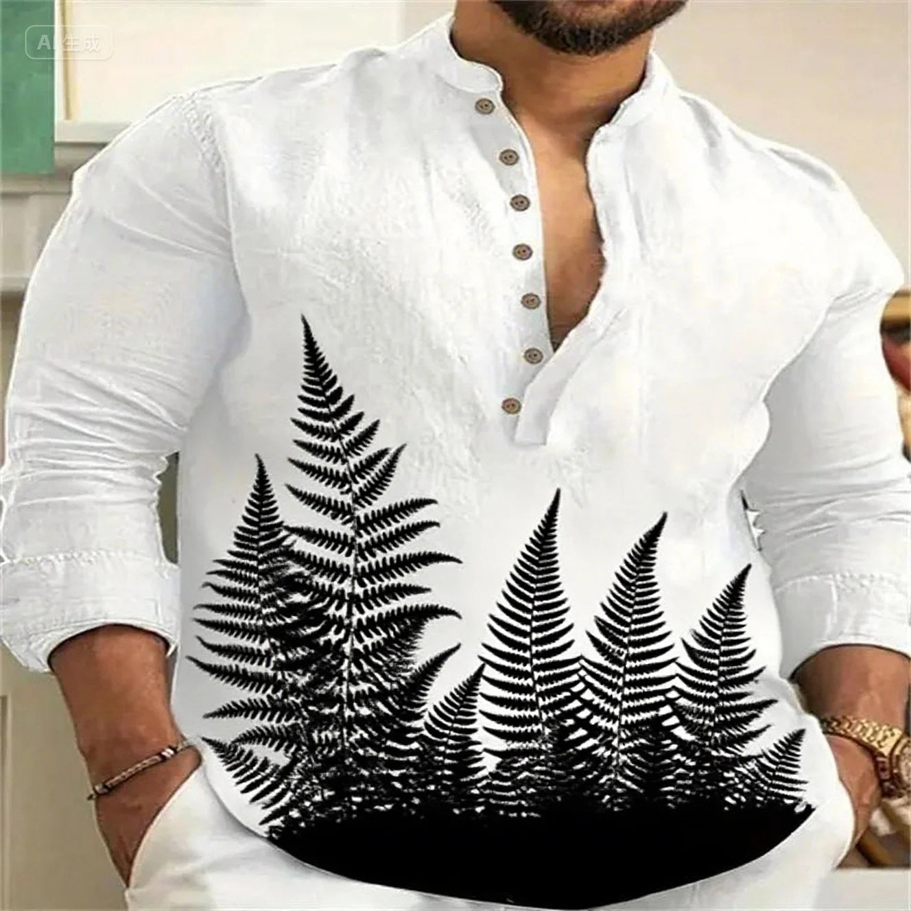 Newest linen long-sleeved simple atmospheric vegetation pattern high-quality casual shirt XS-6XL fast delivery