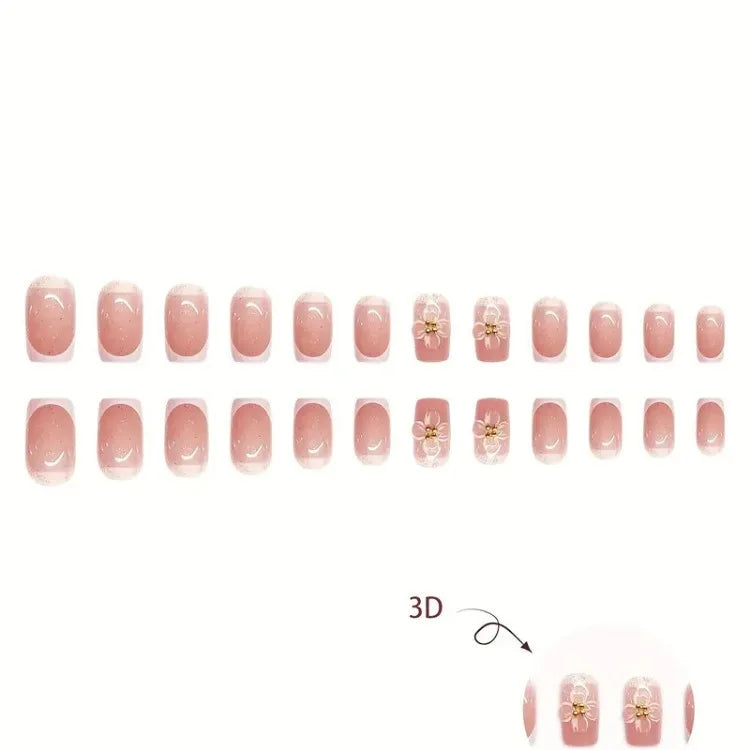 24Pcs Short Square French Nail Tips 3D Embossed Flower Decoration Removable Wearable Press on Nails for Women Girls DIY Manicure