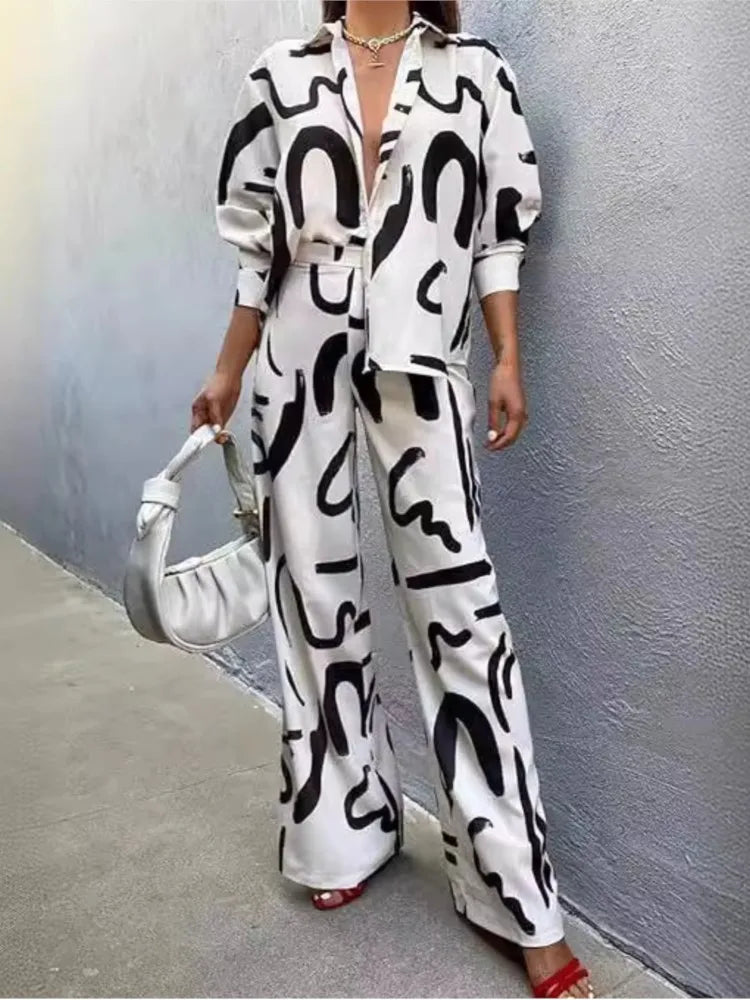Women Clothing  Autumn New Fashion Print Set Casual Button Collar Shirt Long Sleeved Wide Leg Pants Long Pants Two-piece Set