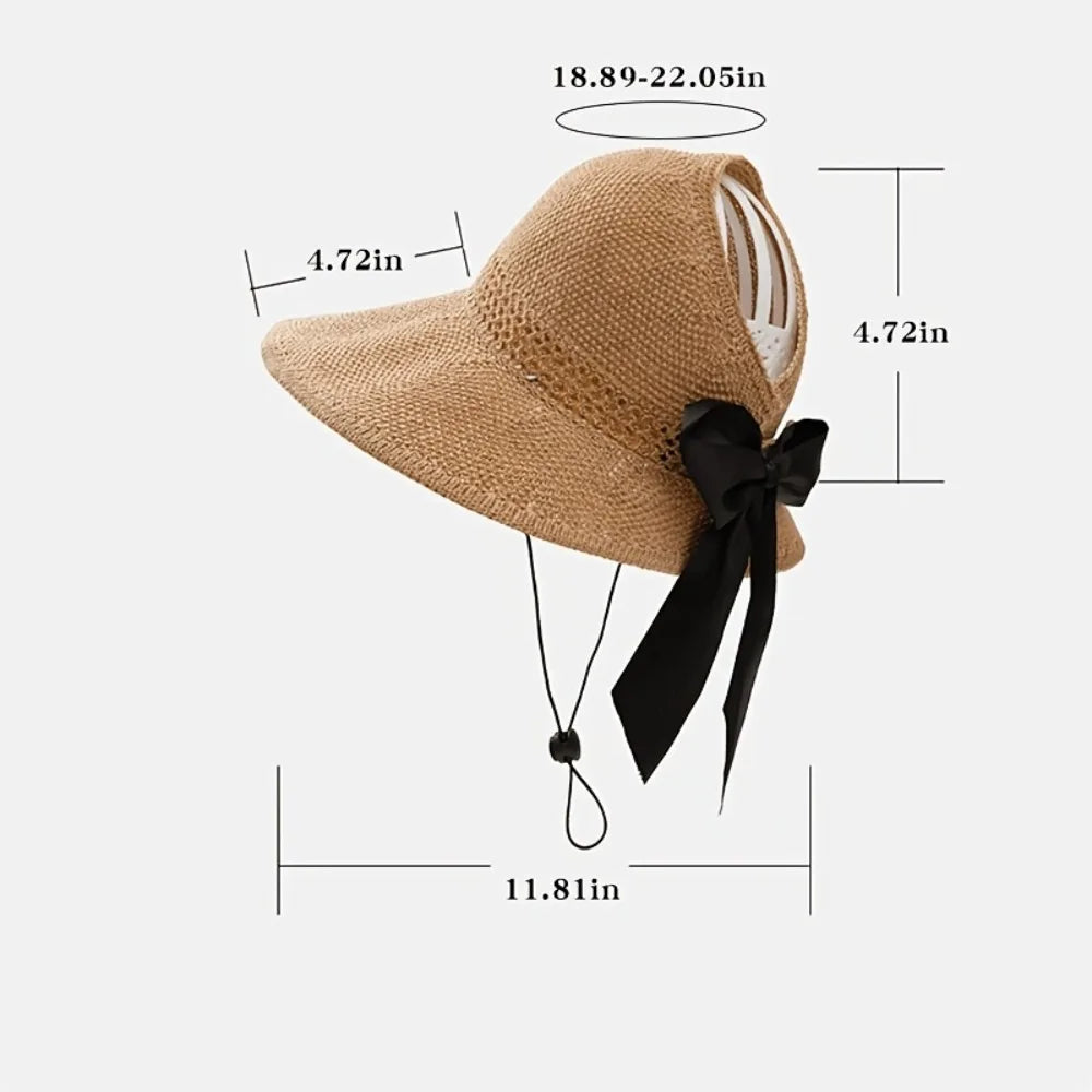 Chapeau de soleil à nœud creux tendance pour femme, large bord, queue de cheval, casquette de plage, protection UV, crochet