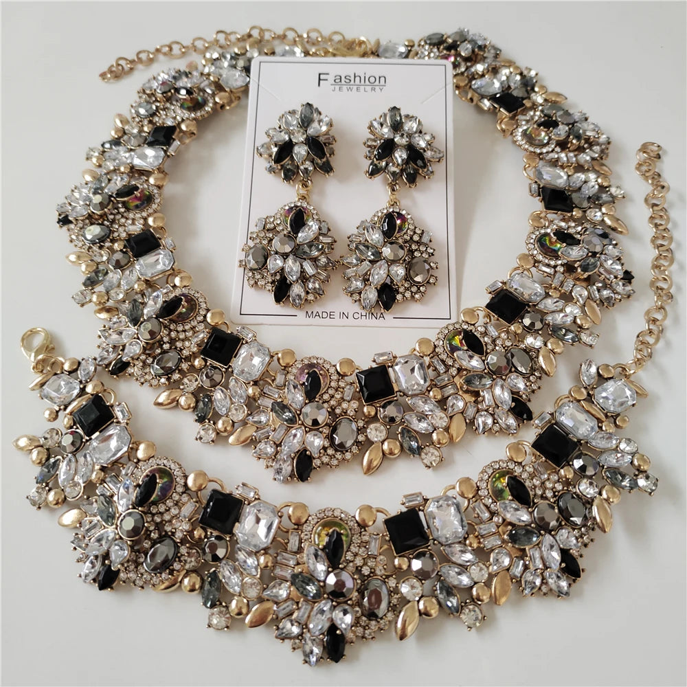 New Luxury Crystal Rhinestone Jewelry Sets Necklace Bracelets Earrings Set Women Indian Wedding Bridal Statement Jewelry