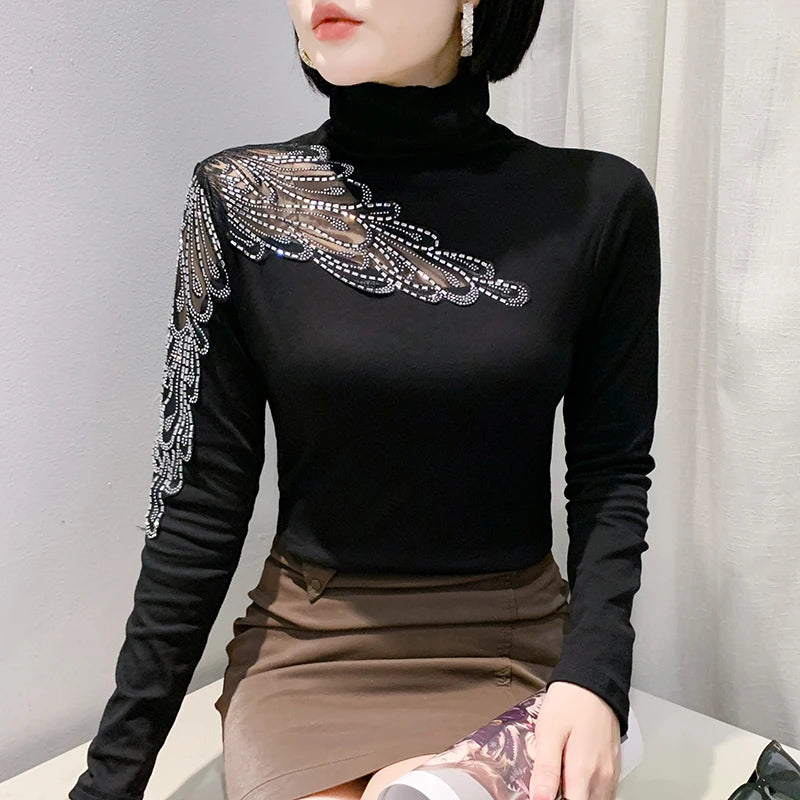 Jersey de cuello alto de malla Otoño Invierno – Elegante y elástico