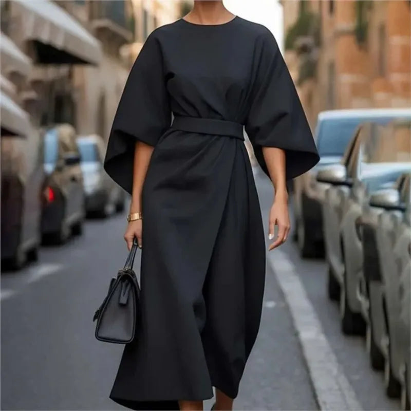 Women's Clothing Fashion Black Dress Temperament Elegant Casual Waist-closing Maxi Bat Sleeve Dresses For Women Robe Femel