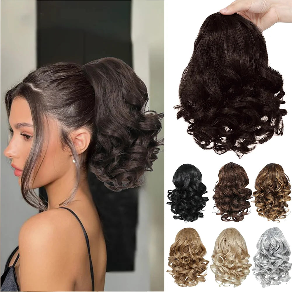 Short Synthetic curly Drawstring Ponytail extensions with Clip in Hairpieces for Women daily use that beginners friendly