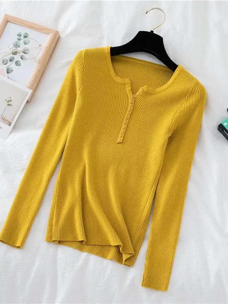 Korea Autumn Winter Button V Neck Sweater Women Basic Slim Pullover Women Sweaters And Pullovers Knit Jumper Soft Warm Tops