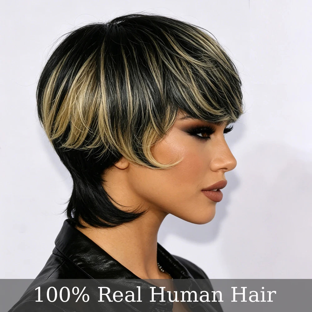 Black Blonde Highlight Layered Mullet Pixie Human Hair Wig with Bangs, Highlighted Black Blonde Feathered Mullet Pixie Cut Wig with Side Swept Fringes, Full Machine Made Spiky Tail Nape Style for Daily Work & Events