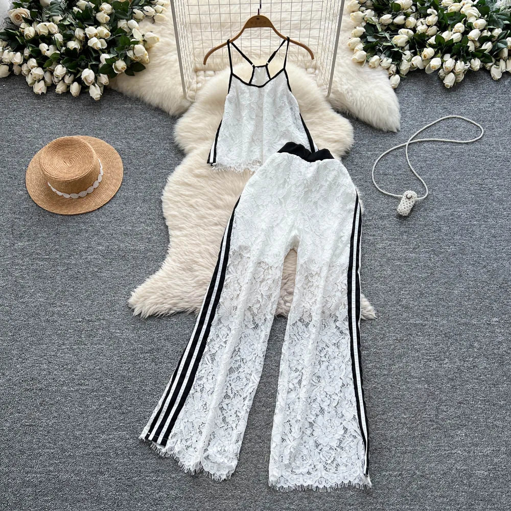 Women Two Pieces Sets Spliced lace Off Shoulder Slip Top and Fashion Hotsweet High Waist Elastic Waist  Wide Leg Pant Sets