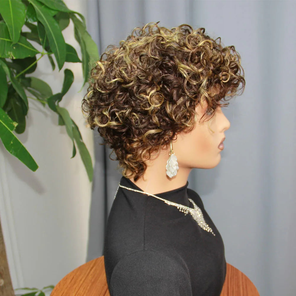 4/27 Highlight Blonde Wigs Human Hair Pixie Curly Bob Wigs Short Bob Human Hair Wigs Preplucked Brazilian Hair 150% Density