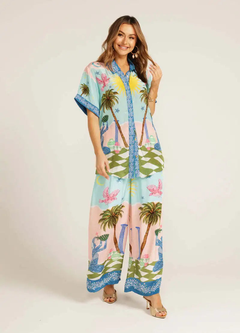 Pants Sets For Women Summer Fashion Printed Half Sleeve Shirt Suits Casual Loose High Waisted Female Wide Leg Pants Outfits