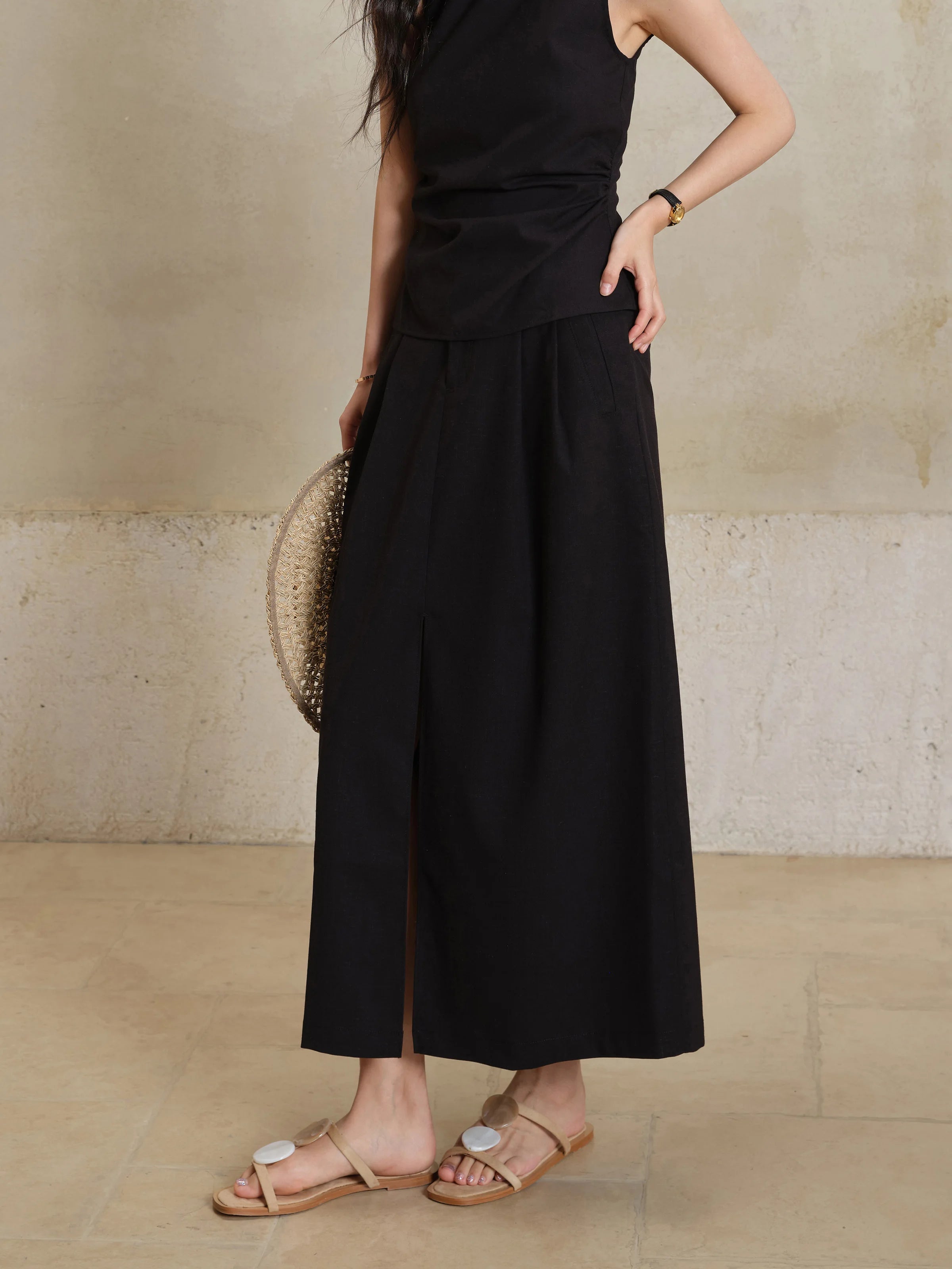 Black Sleeveless Top Skirt Set Women Petite Slim Fit Shirt Split Hem Straight Maxi Skirt Summer Two Piece  Elegant Matching Set