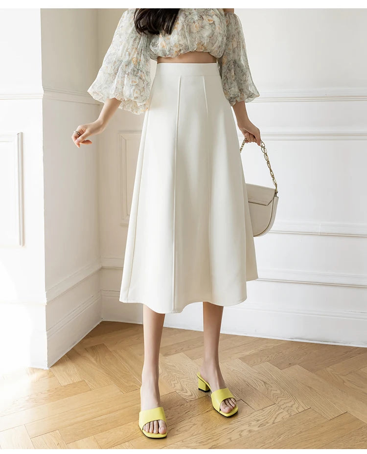 Women's Skirt Spring Women High Waist Solid Vintage Girl's Waist Down Skirt Knee-length A-line Fashion Thin Skirt for Women