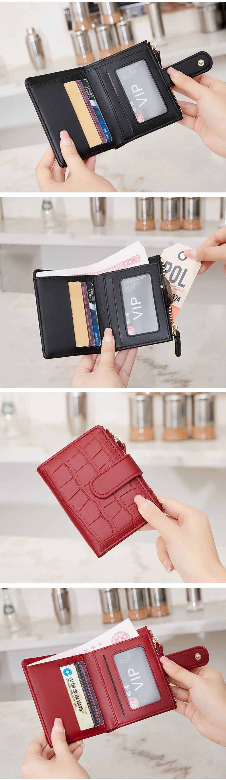 Klassisk luksuslommebok med kortklips, liten, multifunksjonell, PU-håndveske i skinn, ensfarget, dobbel fold, dame, ZeroWallet