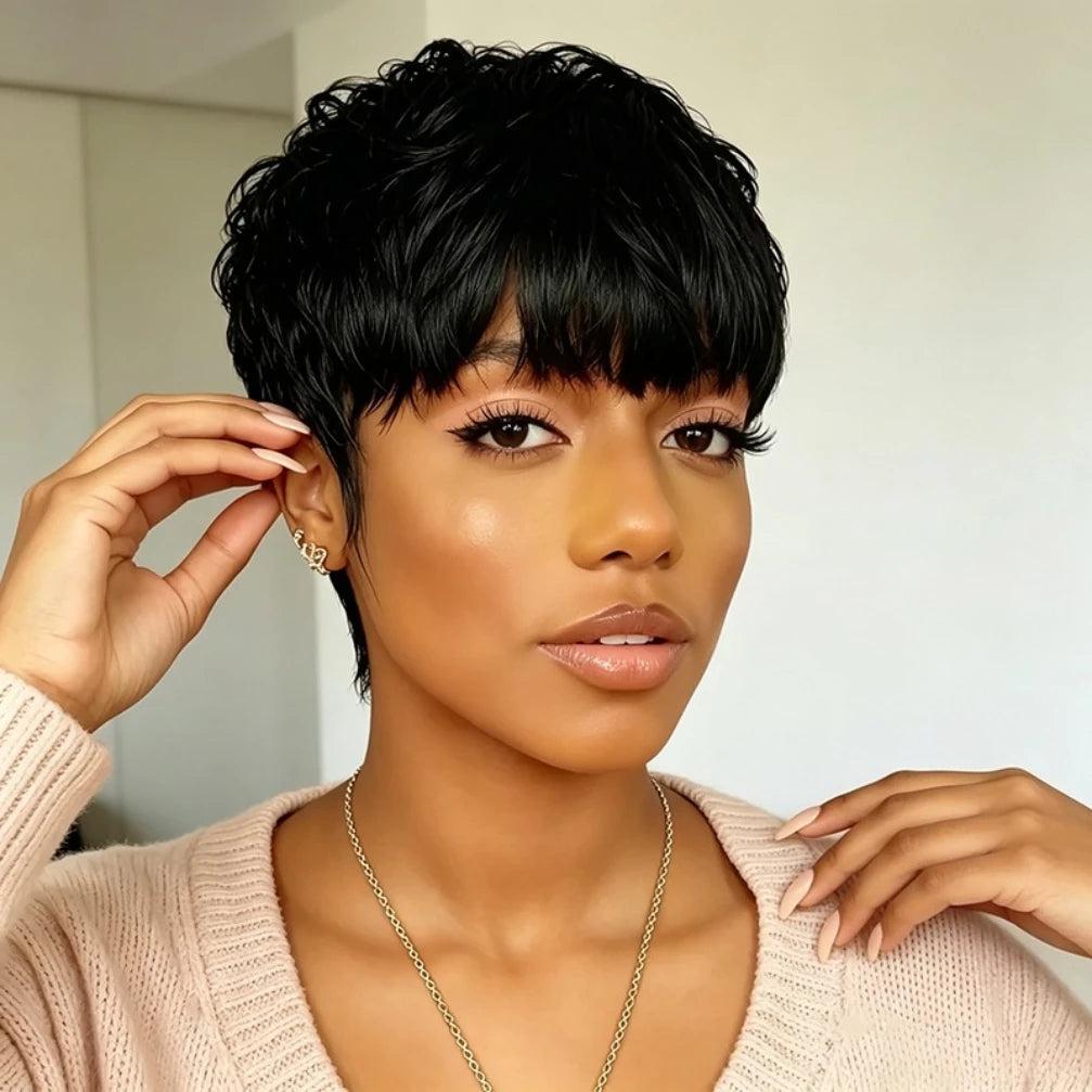 Straight Pixie Cut Wig Human Hair, Full Machine Made with Bangs Tangle-Free Wigs for Women 180% Density 8 Inch