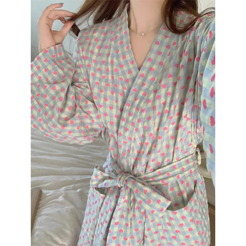bathrobe women's bathing love plaid loose long sleeve long kimono V-neck lace up trousers nightgown sexy robe women's girl