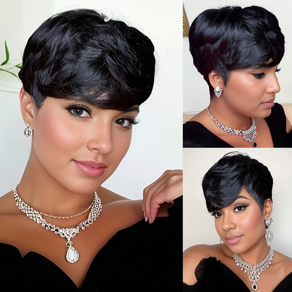 Short Pixie Cut Human Hair Wig – Layered Wavy Style with Bangs