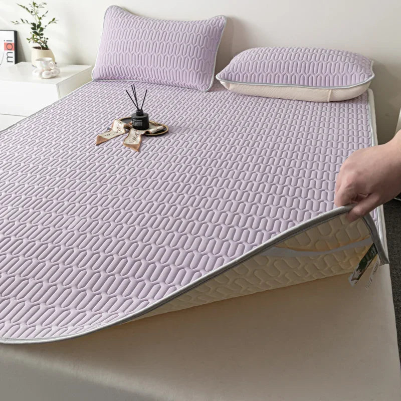 Cooling Bed Sheet Set with Pillowcases Ice Silk & Latex Quilted Breathable Cover Solid Summer Bedding Comfort & Heat Resistance
