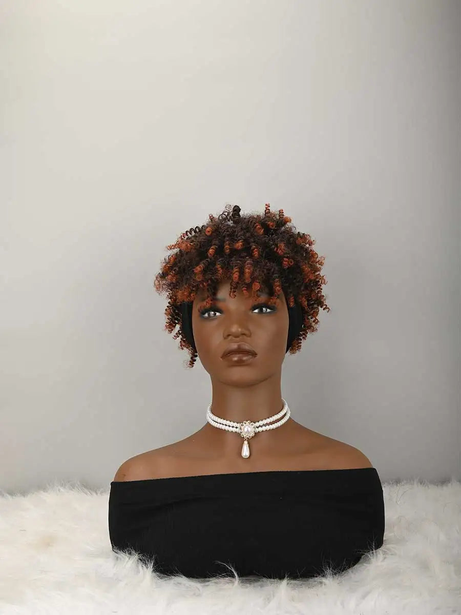 Headband Wig Curly Headband Wig With Bangs For Women Synthetic Afro Curly Hair Wig With Headband Attached Short Kinky Curly Afro High Puff With Bangs Stripes Short Red Curly Wigs with Bangs for Women, Natural Wavy Synthetic W