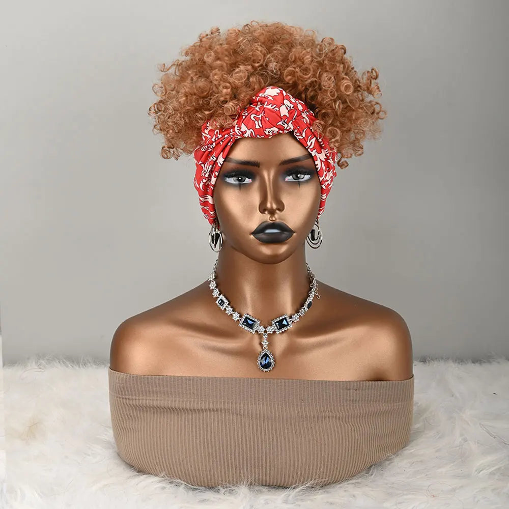 Peluca de diadema rizada corta y rizada para mujeres africanas, peluca de bufanda sintética rizada afro de color jengibre marrón con estampado, peluca de pañuelo.