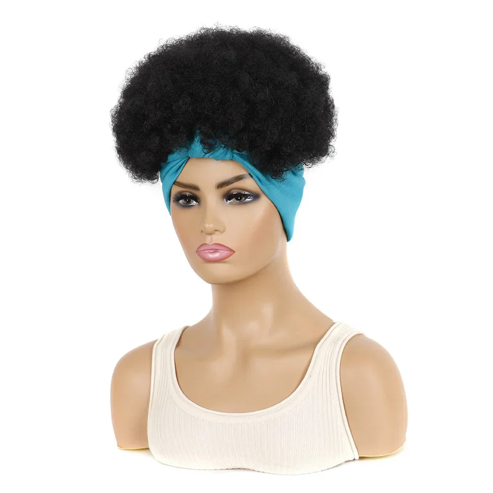 Fluffy Headband Wigs for Black Women Short Afro Kinky Curly Headwrap Wig High Temperature Natural Synthetic Headband Scarf Wig