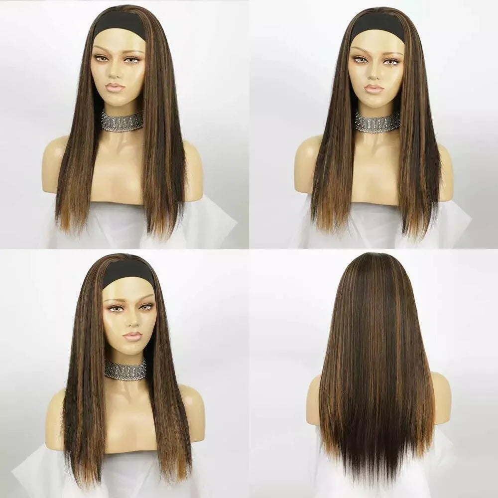Long Synthetic Brown Blonde Highlight Wig With Headband, Heat Resistant Silky Straight Headband Wigs For Women In Daily