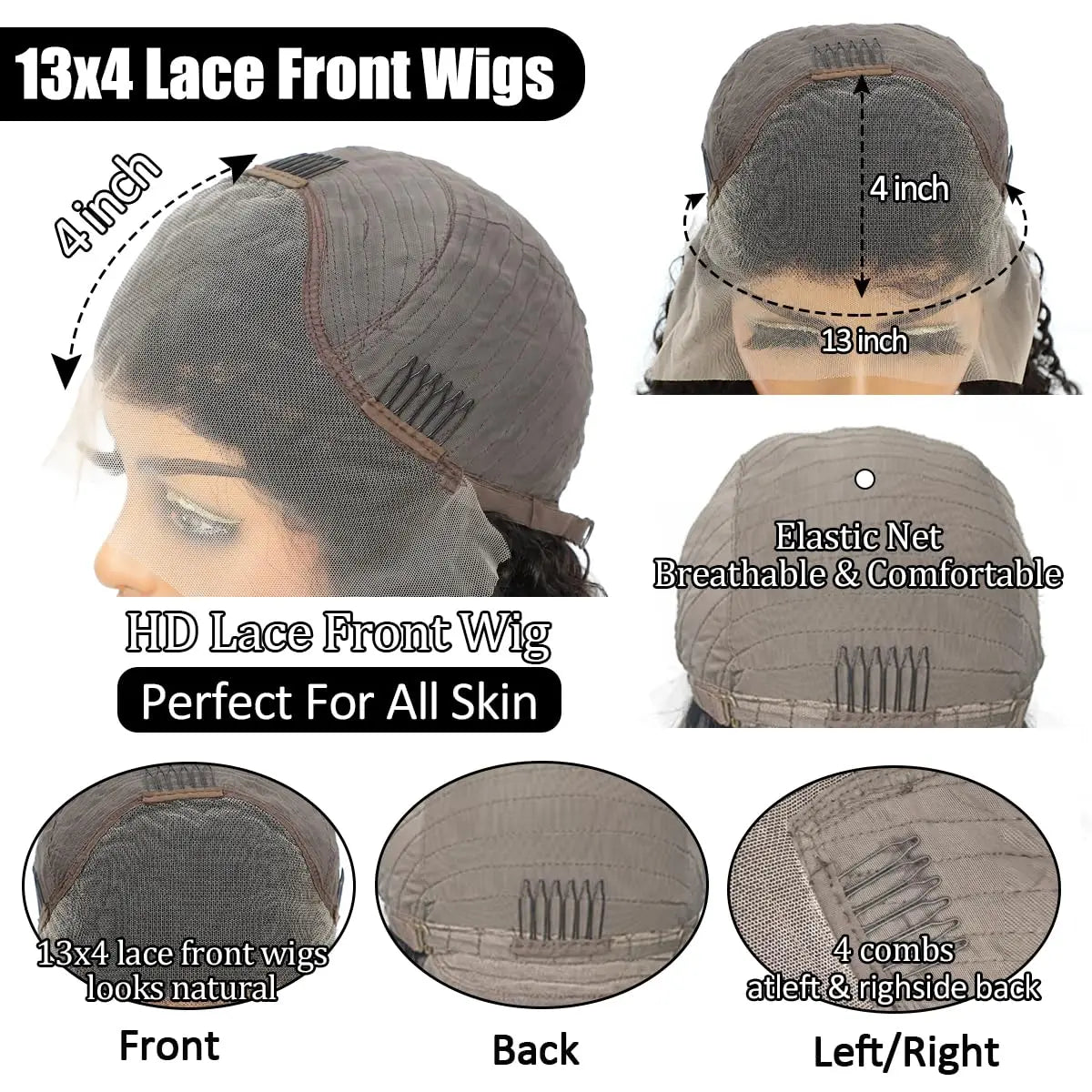 Peluca Bob Frontal de Encaje 13x4 Onda Profunda 200% Densidad Cabello Brasileño Virgen Pre-depilado Pelucas de Cabello 100% Humano #1B Pelucas de Encaje Invisible