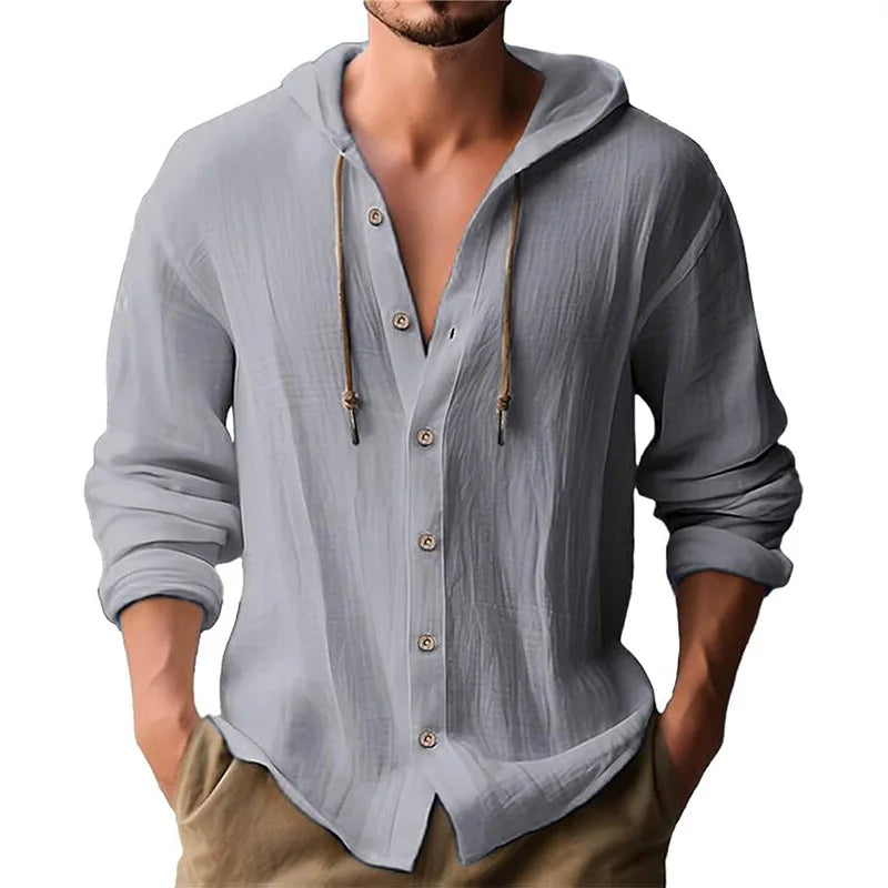 Camisas casuales de playa para hombre, de algodón y lino, con capucha, de manga larga, para hombre, holgada, de color liso, con botones, cárdigan, ropa de calle.