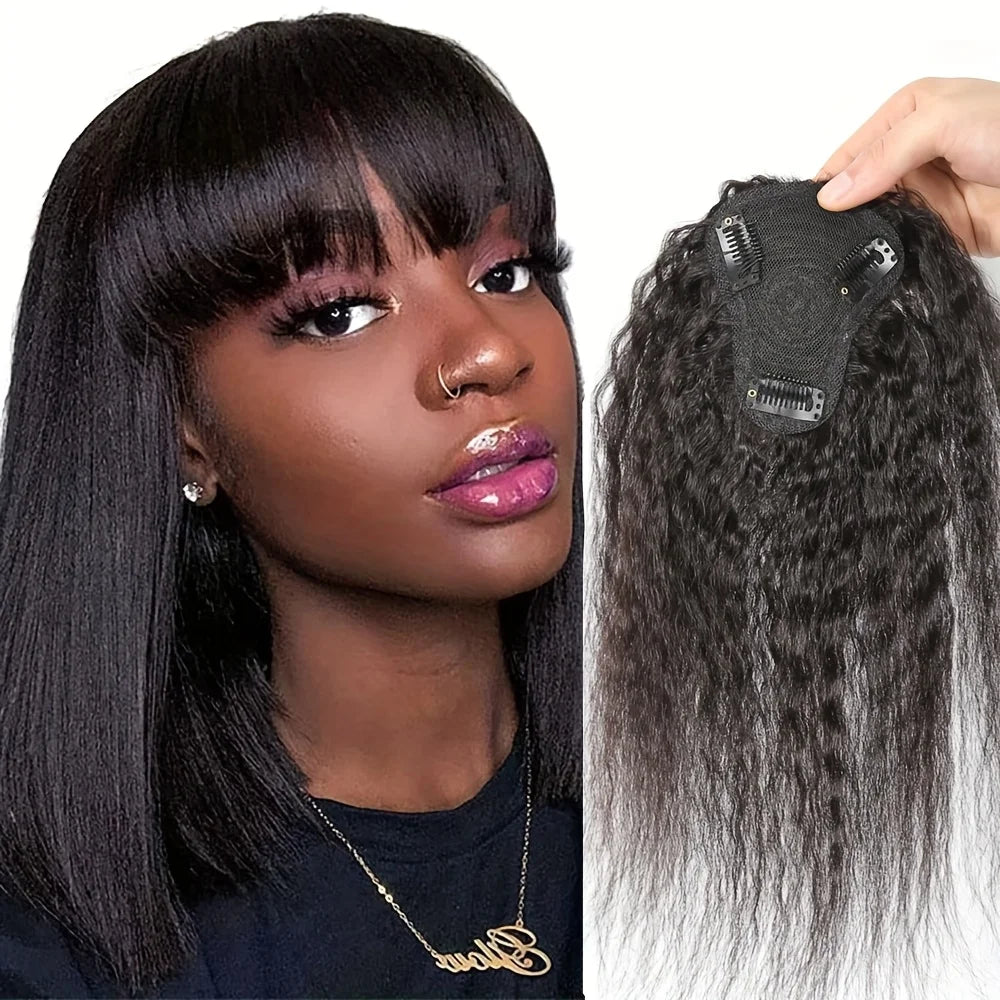 Postiche Kinky Straight Topper avec frange, clips invisibles, extensions de toupet pour femmes, conception d'intranet en forme de T
