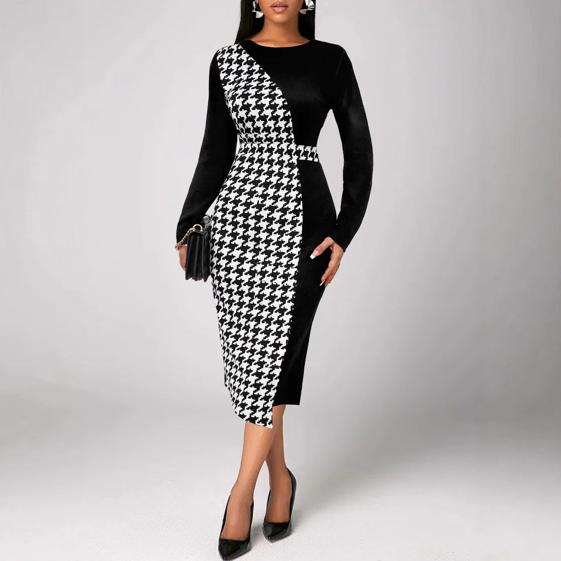 Retro Houndstooth Bodycon Dress