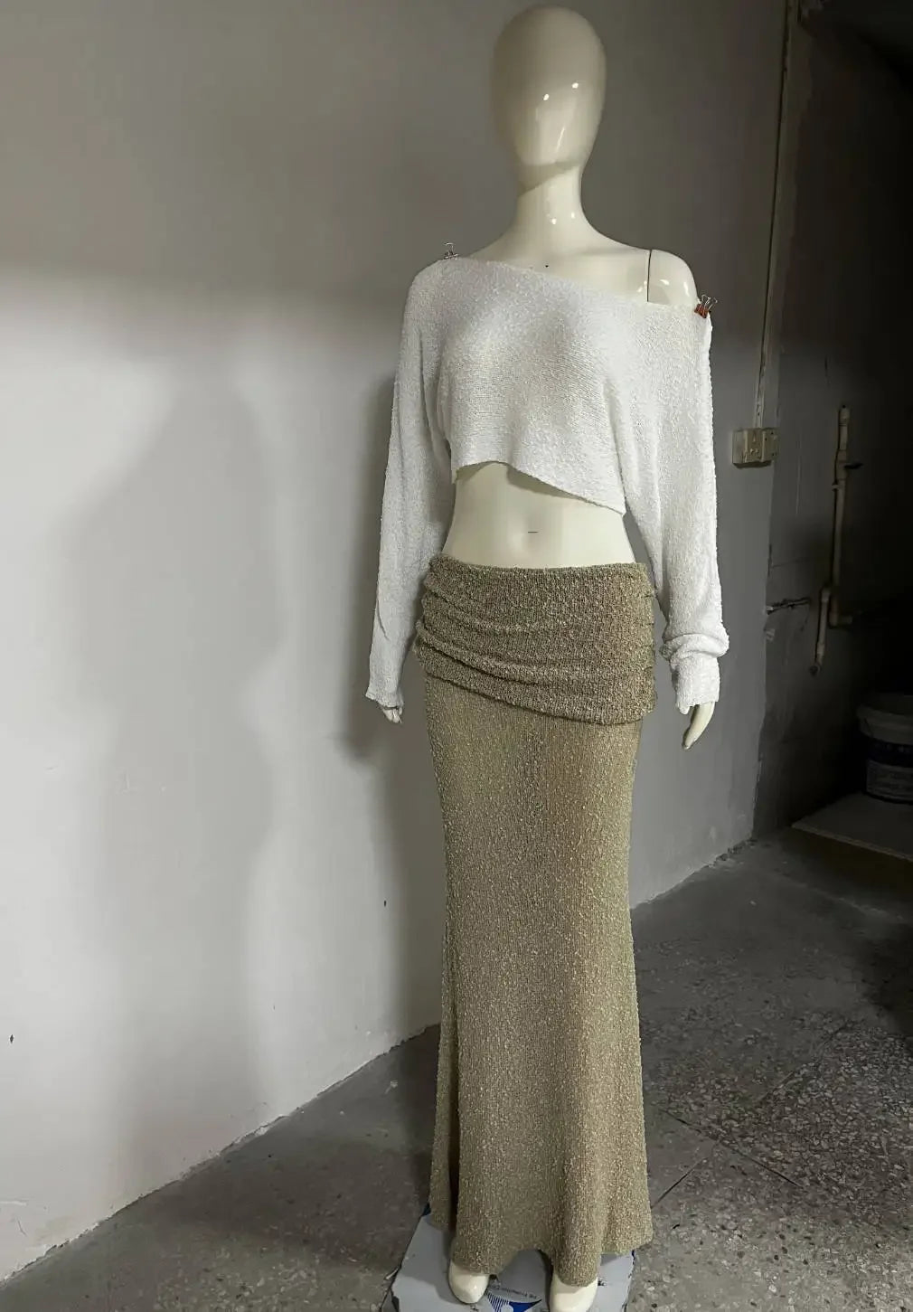 Knitted Skirt Set Women's Summer Off-Shoulder Long Sleeve Cropped Top Slim See-through Pleated Skirt Female Skirt Set